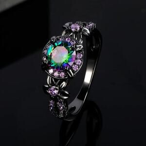 Women Eternity Ring 18K Black Gold Plated Mystic Topaz Halo Statement Jewelry